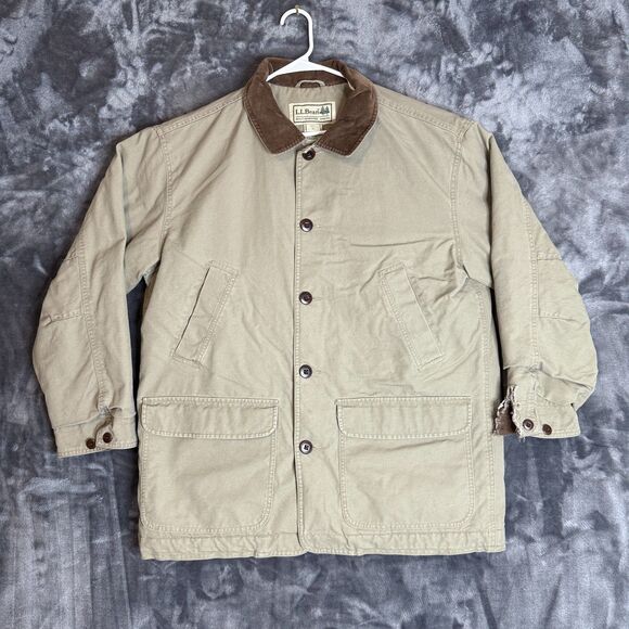 Vintage L.L. Bean Thrashed Barn Chore Coat Long Sleeve Beige Size Large Quilted - Picture 1 of 7
